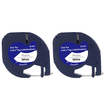 2 упаковки пластиковых этикеточных лент для DYMO LetraTag 91201 черного цвета на белом (12 мм x 4 м) для LT-100H, LT-100T, LT-2000, QX50