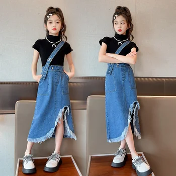 2023 Комплект из 2 предметов для девочек в корейском стиле, футболка + джинсовая юбка, летний модный костюм хорошего качества для девочек от 5 до 15 лет E924