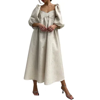 2023 Летнее Европейское и Американское женское Элегантное Однотонное Свободное платье с длинным рукавом-пузырем, женское летнее платье для поездок на работу, однотонное платье