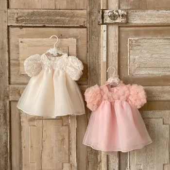 2023 Летнее Милое Детское платье для малышей, платье с пузырчатыми рукавами для девочек, Однотонное платье для девочек, Вечеринка по случаю Дня рождения, Платья принцессы с цветочной сеткой для девочек
