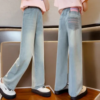 2023 Летние Широкие джинсы для девочек-подростков, детские джинсовые брюки, детская верхняя одежда, Длинные брюки, одежда для девочек от 4 до 14 лет