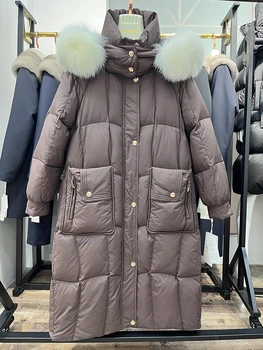 2023 Модная зимняя женская куртка с воротником из натурального лисьего меха на гусином пуху, роскошные женские пальто с длинными рукавами