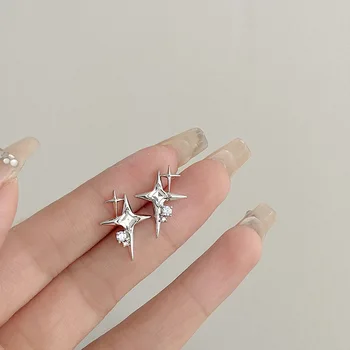2023 Модные Серебряные серьги-гвоздики с крестом и звездой из циркона для женщин, Корейские серьги-бижутерия с четырехконечной звездой в виде корейской девушки