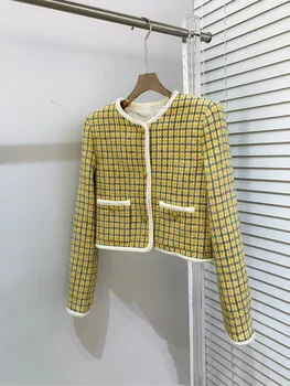 2023 Новая женская повседневная Удобная модная короткая куртка в классическую желтую и серую клетку