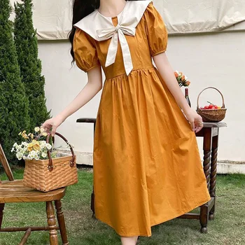 2023 Новое Летнее Корейское милое платье в стиле пэчворк, однотонное платье миди с воротником 