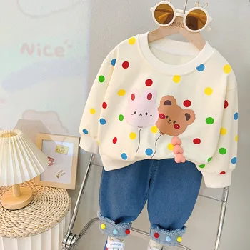 2023 Новый осенний комплект для маленьких девочек, подходящий для годовалых малышей, Одежда для девочек, свитер в разноцветный горошек + джинсы, комплект из двух предметов