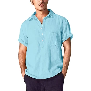 2023 Повседневная однотонная льняная рубашка, мужская уличная одежда с коротким рукавом, рубашки на пуговицах с отложным воротником для мужчин, Винтажный досуг, роскошь