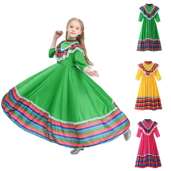 3-12 лет, платье-качели, костюм Мексиканской девочки, детское кружевное платье принцессы на Хэллоуин с длинным рукавом, детское платье для выпускного вечера, платья, халат