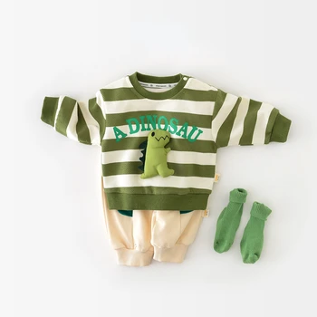 7035 Детский костюм 2023, осенний новый костюм для мальчика с куклой динозавром, свитер с длинными рукавами + спортивные брюки, повседневный костюм-двойка