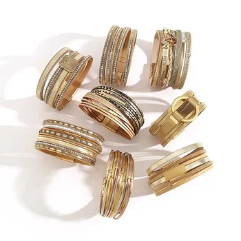 ALLYES Модный кожаный браслет золотого цвета для женщин с геометрическими металлическими многослойными тонкими полосками, браслеты-обертки, Очаровательные ювелирные изделия