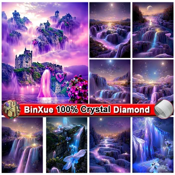 BinXue Красочный пейзаж Водопад, 100% Картина из кристаллов, цветок, Наклейка с Луной, Алмазная вышивка, мозаика для украшения дома