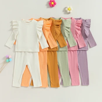 Citgeett Осенняя одежда для новорожденных девочек, Однотонные топы с длинными рукавами в рубчик и оборками, Комплект брюк, повседневная одежда
