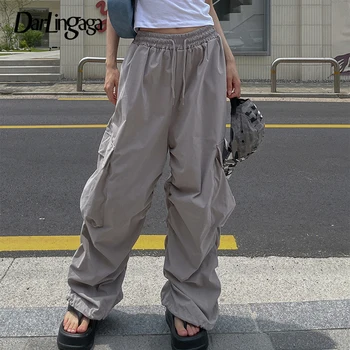 Darlingaga Harajuku Спортивные брюки с эластичной резинкой на талии и завязками, брюки-карго, женские повседневные брюки с карманами-гофрировками, мешковатый низ.