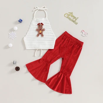 FOCUSNORM/ Комплекты рождественской одежды для маленьких девочек от 0 до 4 лет, 2 предмета, топы без рукавов с пряничным человечком на бретелях + Комплект расклешенных брюк