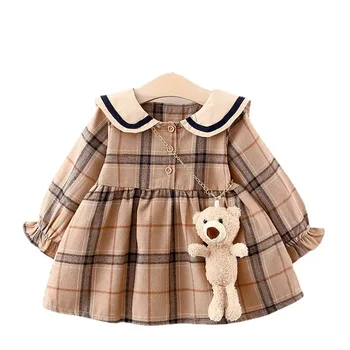 MODX, детская одежда, весна и осень, новинка для девочек, клетчатое платье с пышными рукавами и большим отворотом, милое платье с куклой-медведем