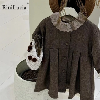 RiniLucia/ Осенне-зимнее пальто для девочек 2023, Новые однотонные куртки с длинными рукавами, Свободные Винтажные Детские пальто, Свободная детская одежда