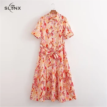 SLTNX, женское платье с модным принтом, вечерние платья для женщин, 2023 Летние шикарные и элегантные повседневные платья, женские длинные платья с поясом.