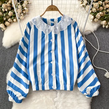 SuperAen, Весенне-осенняя винтажная рубашка в полоску с кукольным воротником и длинными рукавами, милые свободные женские топы