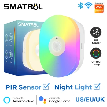 Tuya WiFi Smart Led Night Light PIR Датчик Движения Eu Us Uk Подключаемый Настенный Светильник Теплый Белый RGB Room App Voice Для Alexa Google Home