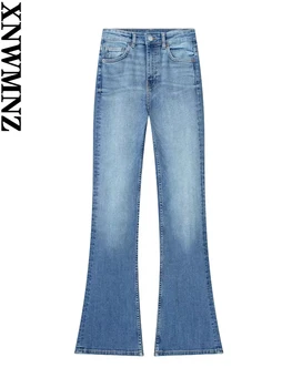 XNWMNZ Женская мода 2023, расклешенные джинсы средней длины, женские винтажные джинсы на молнии со средней талией, тонкие повседневные Универсальные женские шикарные джинсы