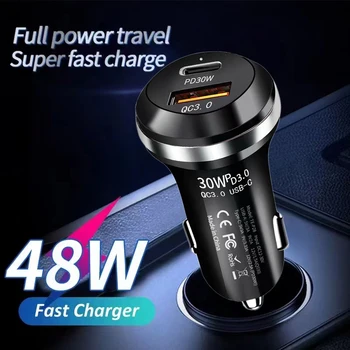 Автомобильное зарядное устройство мощностью 48 Вт, 2 порта Super Charger PD, быстрая зарядка, зарядное устройство для мобильного телефона USB A для iPhone Samsung для Huawei Xiaomi