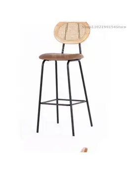Барный стул Nordic Light Роскошный Кожаный барный стул из ротанга с островом железа Простая Современная спинка Бревенчатый бытовой высокий табурет