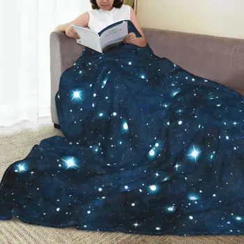 Блестящее одеяло Galaxy Blue Sparkle Stars Фланелевые постельные принадлежности для путешествий в самолете, теплый мягкий диван, дизайнерское покрывало для стула в подарок