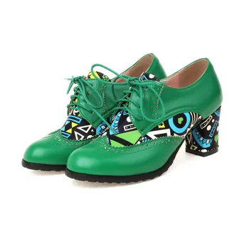 Большой размер, большие размеры, разноцветные туфли-лодочки с круглым носком на толстом каблуке, на шнуровке, женская обувь, простая и элегантная, удобная