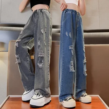 Весенне-осенние брюки для девочек, модные рваные широкие джинсы 2023, одежда для девочек-подростков в корейском стиле, детская верхняя одежда