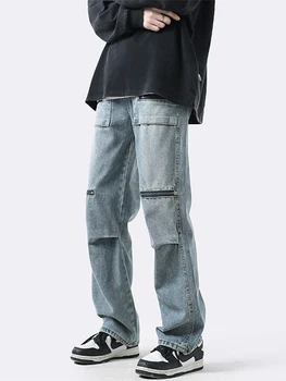 Весенняя винтажная мужская уличная одежда 2023 года, прямые джинсы в американском стиле, дизайн на молнии, Модные однотонные джинсовые брюки, Брюки D89
