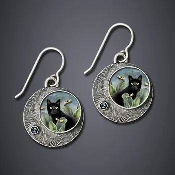 Винтажные металлические серьги с милым черным котом для женщин, ретро геометрические серьги с изображением Солнца и Луны, новые украшения в винтажном дизайне с животными