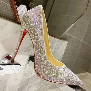Высококачественные женские туфли на высоком каблуке, роскошные модные женские туфли с красной подошвой, блестящие кристаллами, Классические дизайнерские туфли в стиле ретро на высоком каблуке 12 см 0335HJ