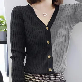 Вязаный топ для женщин, женские свитера с V-образным вырезом, Черно-серый кардиган с длинным рукавом, тренд 2023 года, Y2k, Винтажная одежда в корейском стиле, мода