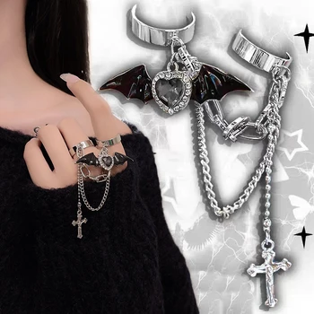 Готическое Черное кольцо с крыльями Демона, кольцо-цепочка Y2K, Милая Крутая Девушка, Сердце, Горный хрусталь, кольцо на палец, Открывающиеся Регулируемые кольца, Подарок ювелирных изделий