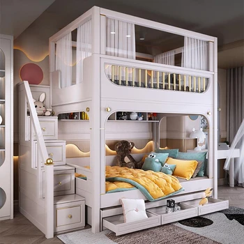 Детская двухъярусная кровать с защитным ограждением для детей в возрасте от 5 до 8 лет, Мебель для спальни, Большая кровать для хранения вещей для детей
