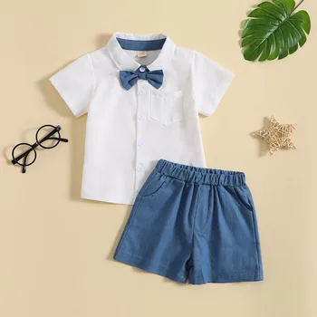 Детская одежда из 2 предметов Для маленьких мальчиков, однотонные рубашки с коротким рукавом, топы + шорты, детские костюмы для джентльменов, летняя официальная одежда для вечеринок