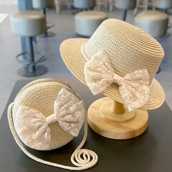 Детская солнцезащитная шляпа для девочек, Летняя Новая соломенная сумка, комплект кепок для путешествий, защита от солнца, кружевные пляжные шляпы принцессы, шляпа рыбака для ребенка