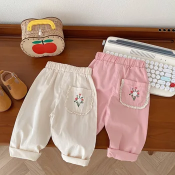 Детские брюки для маленьких девочек от 0 до 5 лет, Осень, 2023, Эластичный пояс, вышивка, цветочный карман, Свободные брюки, Нижняя верхняя одежда, детская одежда