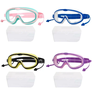 Детские плавательные очки с затычками для ушей, водонепроницаемые противотуманные очки для плавания с широким обзором