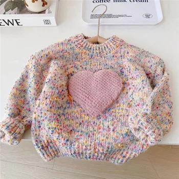 Детский вязаный свитер для девочек от 1 до 7 лет, модный красочный пуловер Big Love с длинным рукавом, топы 2023, Осенняя детская одежда