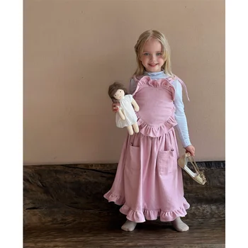 Детский розовый комплект для девочек 2023, весна-осень, в корейском стиле, Вельветовый топ и юбка на шнуровке без рукавов для девочек, комплект из двух предметов