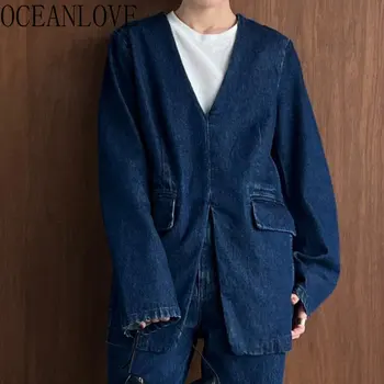 Джинсовые куртки OCEANLOVE, женские свободные куртки с V-образным вырезом, однотонные весенне-осенние винтажные жакеты в японском стиле, синие повседневные жакеты