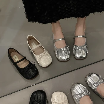 Женская обувь 2023 года, женская обувь, повседневные кроссовки с круглым носком и мелким вырезом, завязывающимся бантиком, Новое платье, удобная летняя бабочка, квадратный размер L
