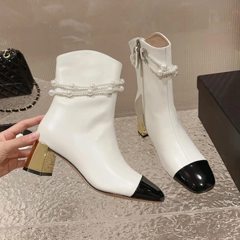 Женская обувь 34-41 размера; Ботинки из натуральной кожи на среднем каблуке; ботильоны с жемчужной цепочкой; Дизайнерская обувь Zapatillas Mujer с квадратным носком;