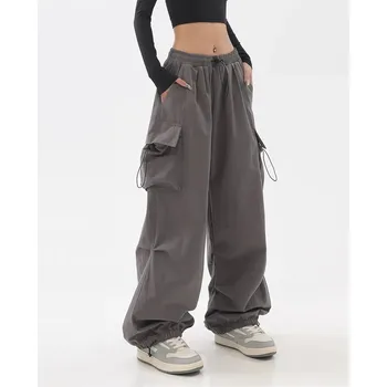 Женские брюки-карго Y2k, повседневные спортивные штаны Harajuku с заниженной талией и завязками, однотонные брюки-парашюты с завязками, брюки оверсайз для бега трусцой