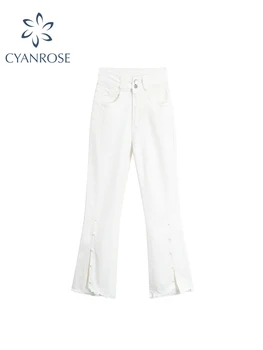 Женские джинсы с высокой талией, мешковатые джинсовые брюки с широкими штанинами, джинсы с разрезом, винтажная уличная одежда, Корейская мода, Белые прямые брюки, лето