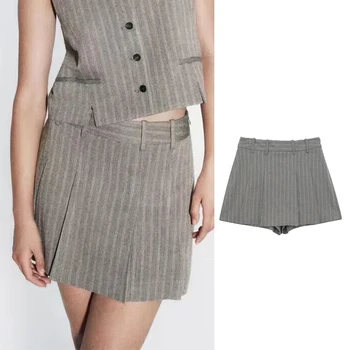 Женские плиссированные шорты TRAF в полоску со средней талией, короткие брюки, уличная короткая юбка, женская Летняя женская стильная брючная юбка