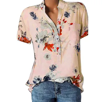 Женские топы с карманами и принтом, блузки больших размеров, блузка с коротким рукавом, воротник-стойка, Легкая верхняя рубашка на пуговицах для леди, тонкая женская сорочка