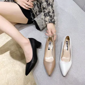 Женские туфли на высоком каблуке, Новинка 2023 года, Корейский Стиль, Модная Женская обувь на толстом каблуке С острым Носком, Zapatos De Mujer, Туфли-лодочки