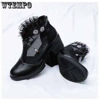 Женские черные ботинки из искусственной кожи, сетчатые босоножки на высоком каблуке, короткие туфли-лодочки на толстом каблуке с молнией сзади, для поездок на работу, весна-осень